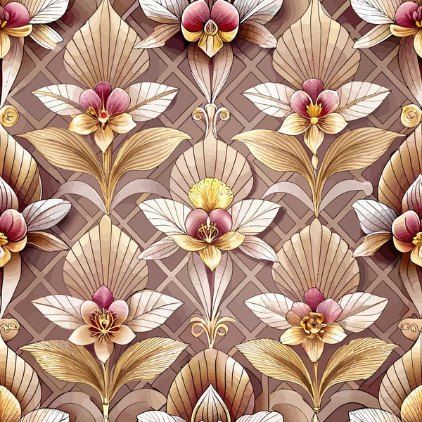 art deco, floral pattern,, fabric panel, burgundy, mauve, cream, gold, geometric flowers, stylized blooms, fan motifs, vintage style, repeating pattern, ornate design, decorative leaves, luxury aesthetic, warm tones, botanical elements, sophisticated pattern, retro florals