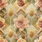 art deco, geometric pattern, roses, floral design, beige, cream, gold, peach, coral, vintage style, hexagonal shapes,, fabric panel, botanical motifs, elegant florals, warm tones, repeating pattern, decorative roses, ornate design, luxurious aesthetic