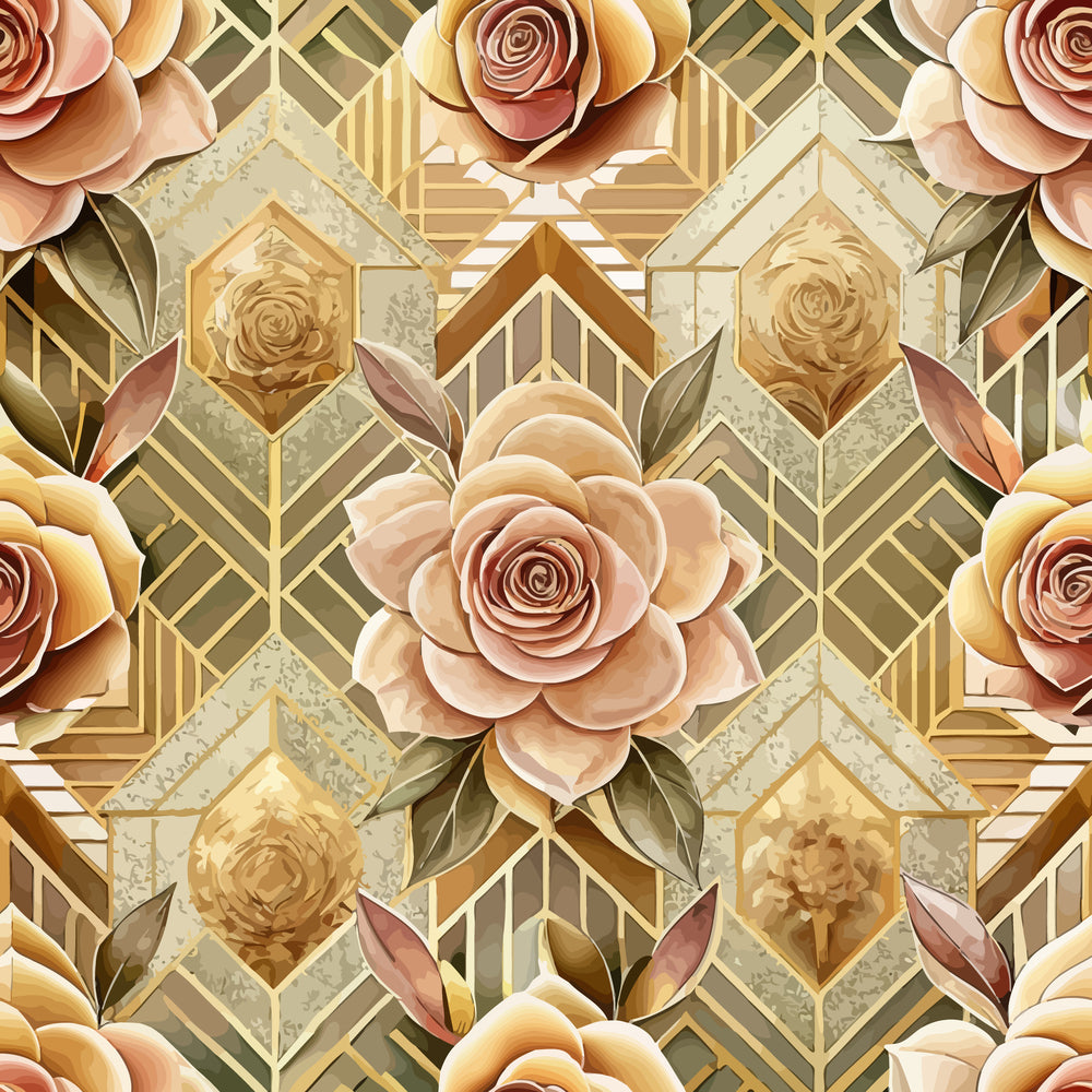 art deco, geometric pattern, roses, floral design, beige, cream, gold, peach, coral, vintage style, hexagonal shapes,, fabric panel, botanical motifs, elegant florals, warm tones, repeating pattern, decorative roses, ornate design, luxurious aesthetic