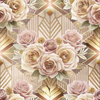 blush pink, champagne beige, gold accents, art deco, geometric patterns, roses, floral motif, vintage roses, striped elements, diamond shapes,, fabric panel, elegant florals, muted tones, sophisticated design, layered petals, botanical elements, repeating pattern, luxurious aesthetic