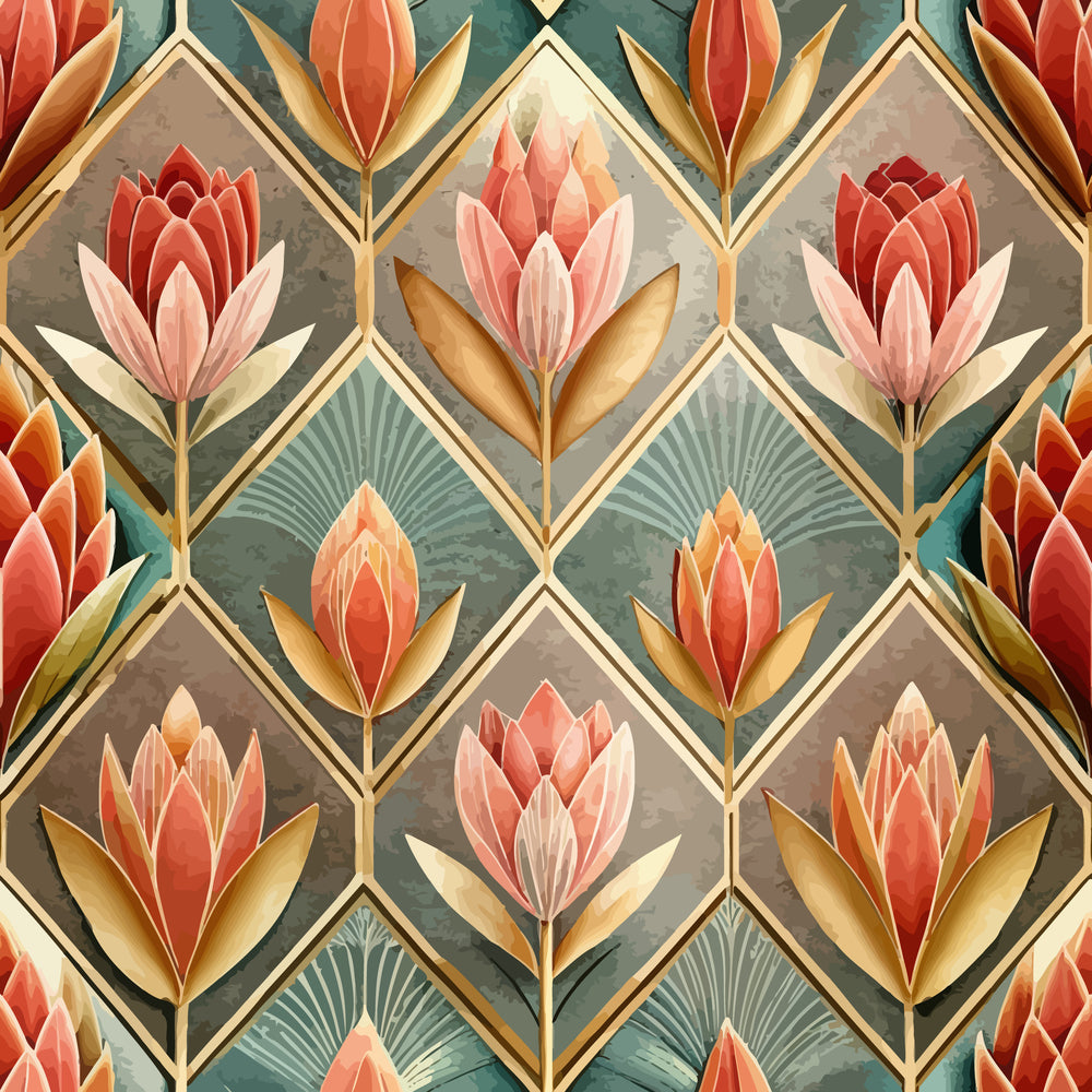 art deco, floral pattern, geometric design, coral flowers, teal background, gold accents, diamond shapes, stylized blooms, vintage style,, fabric panel, ornate motifs, decorative florals, salmon pink, sage green, metallic gold, repeating pattern, elegant design, botanical elements, retro aesthetic