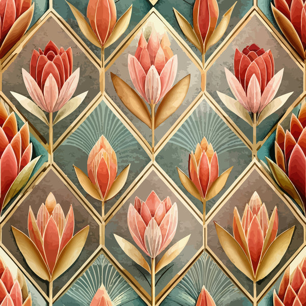 art deco, floral pattern, geometric design, coral flowers, teal background, gold accents, diamond shapes, stylized blooms, vintage style,, fabric panel, ornate motifs, decorative florals, salmon pink, sage green, metallic gold, repeating pattern, elegant design, botanical elements, retro aesthetic