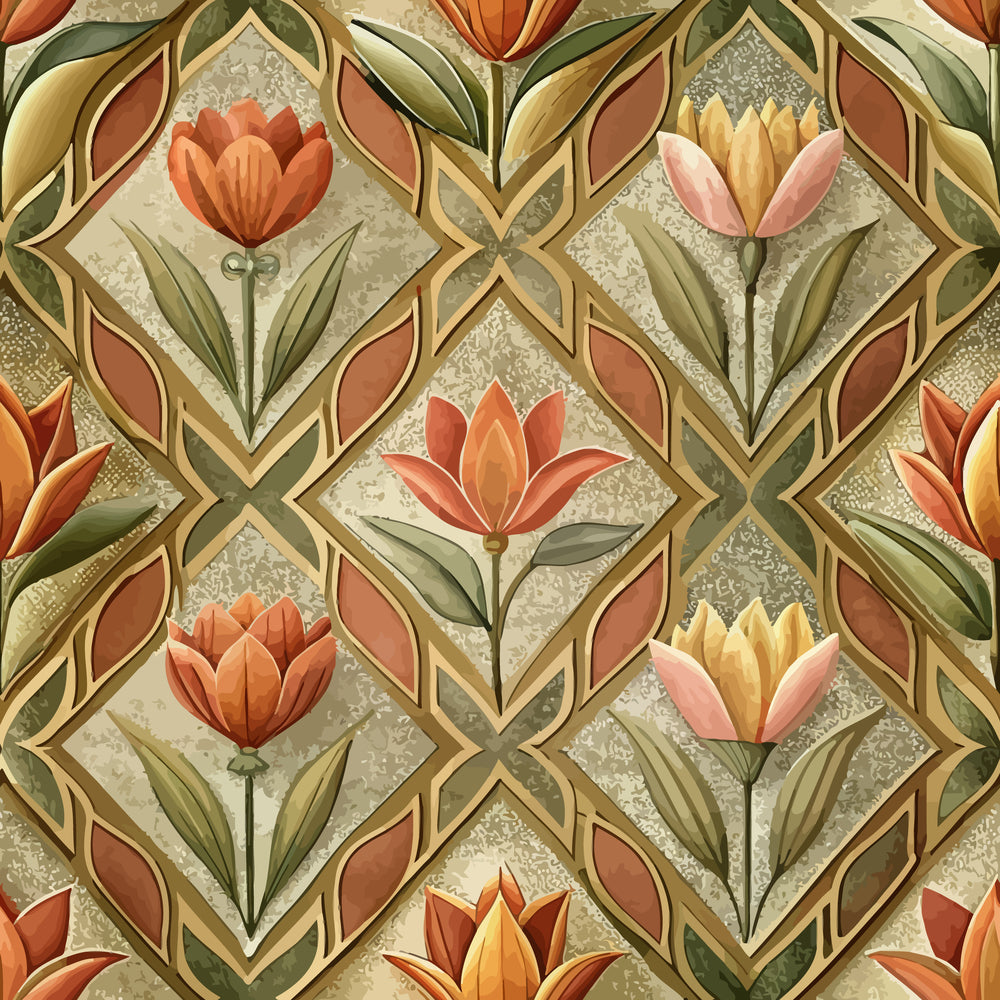 art deco, floral pattern, geometric design, tulip flowers, orange blooms, coral petals, yellow flowers, pink blossoms, sage green, olive leaves, beige background, diamond motifs, stylized florals, vintage style, repeating pattern,, fabric panel, botanical design, autumn colors, decorative motifs