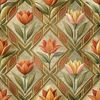 art deco, floral pattern, geometric design, tulip flowers, orange blooms, coral petals, yellow flowers, pink blossoms, sage green, olive leaves, beige background, diamond motifs, stylized florals, vintage style, repeating pattern,, fabric panel, botanical design, autumn colors, decorative motifs
