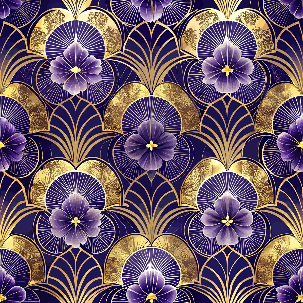 purple flowers, gold accents, art deco pattern, geometric design, floral motifs, deep purple background, metallic gold, radiating lines, ornate details,, fabric panel, luxurious feel, vintage style, repeating pattern, elegant florals, sunburst design, decorative arches, sophisticated palette, intricate geometry