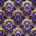 purple flowers, gold accents, art deco pattern, geometric design, floral motifs, deep purple background, metallic gold, radiating lines, ornate details,, fabric panel, luxurious feel, vintage style, repeating pattern, elegant florals, sunburst design, decorative arches, sophisticated palette, intricate geometry