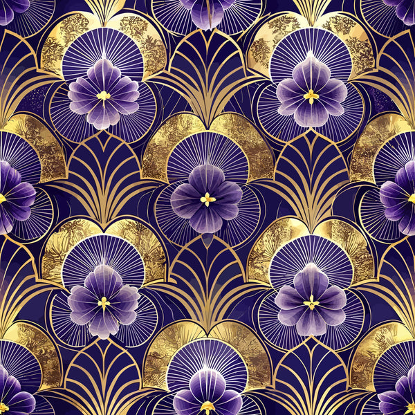 purple flowers, gold accents, art deco pattern, geometric design, floral motifs, deep purple background, metallic gold, radiating lines, ornate details,, fabric panel, luxurious feel, vintage style, repeating pattern, elegant florals, sunburst design, decorative arches, sophisticated palette, intricate geometry