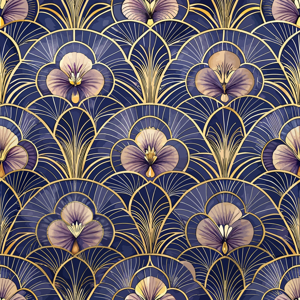 navy blue, deep purple, gold accents, cream petals, art deco pattern, floral motifs, geometric flowers, fan shapes, radiating lines, luxurious design, vintage style, repeating pattern,, fabric panel, elegant florals, metallic highlights, sophisticated palette, ornate design, decorative motifs