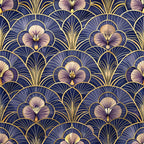 navy blue, deep purple, gold accents, cream petals, art deco pattern, floral motifs, geometric flowers, fan shapes, radiating lines, luxurious design, vintage style, repeating pattern,, fabric panel, elegant florals, metallic highlights, sophisticated palette, ornate design, decorative motifs