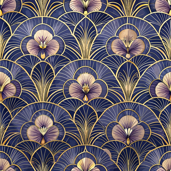 navy blue, deep purple, gold accents, cream petals, art deco pattern, floral motifs, geometric flowers, fan shapes, radiating lines, luxurious design, vintage style, repeating pattern,, fabric panel, elegant florals, metallic highlights, sophisticated palette, ornate design, decorative motifs