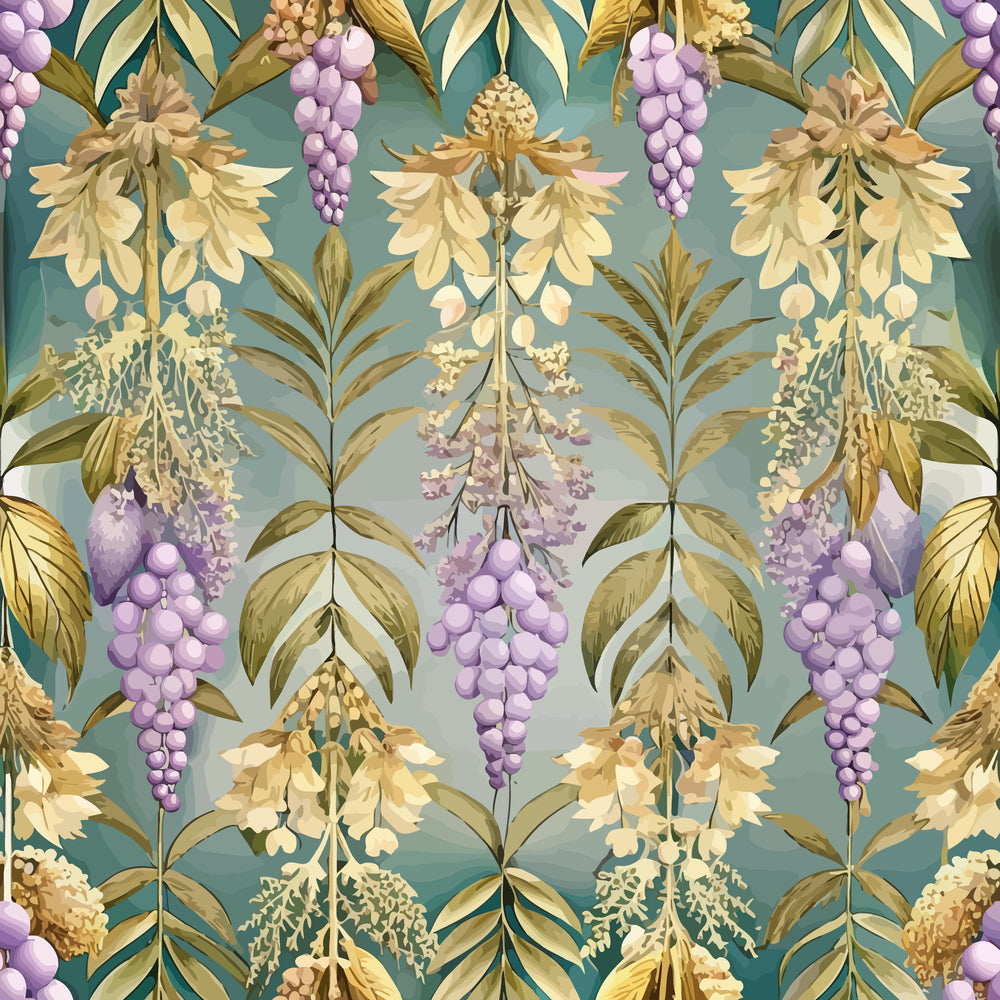 purple grapes, golden leaves, botanical pattern, art deco style, vintage floral,, fabric panel, lavender clusters, olive green, teal background, decorative vines, ornate foliage, repeating motif, elegant design, nature inspired, luxurious colors, stylized flowers, geometric arrangement, sophisticated palette