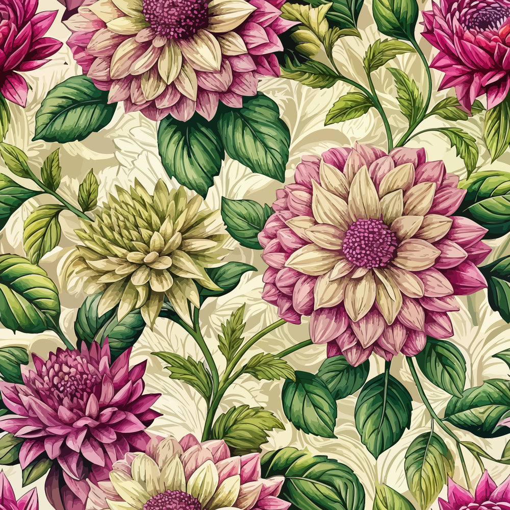 art nouveau, dahlias, floral pattern,, fabric panel, pink flowers, cream background, green leaves, botanical design, layered petals, vintage style, purple centers, nature motif, seamless repeat, decorative florals, garden flowers, textile design, cotton fabric, crafting material