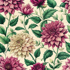 art nouveau, dahlias, floral pattern, burgundy, mauve, cream background, green leaves, botanical design,, fabric panel, vintage style, layered petals, detailed flowers, romantic mood, elegant motifs, seamless repeat, textile design, garden flowers, ornate blooms