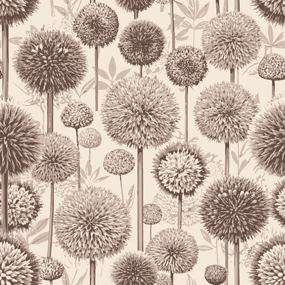 allium flowers, botanical pattern, beige, taupe, brown, sepia tones, spherical blooms, art nouveau style, vintage botanical,, fabric panel, floral stems, repetitive design, monochromatic, nature inspired, garden flowers, ornamental plants, decorative motif, muted palette