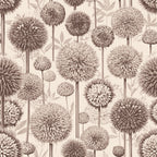 allium flowers, botanical pattern, beige, taupe, brown, sepia tones, spherical blooms, art nouveau style, vintage botanical,, fabric panel, floral stems, repetitive design, monochromatic, nature inspired, garden flowers, ornamental plants, decorative motif, muted palette