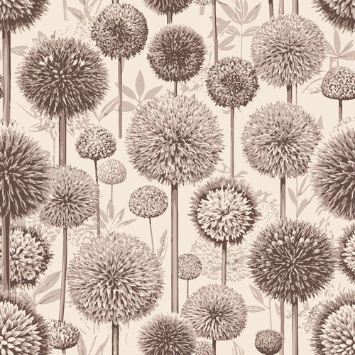 allium flowers, botanical pattern, beige, taupe, brown, sepia tones, spherical blooms, art nouveau style, vintage botanical,, fabric panel, floral stems, repetitive design, monochromatic, nature inspired, garden flowers, ornamental plants, decorative motif, muted palette