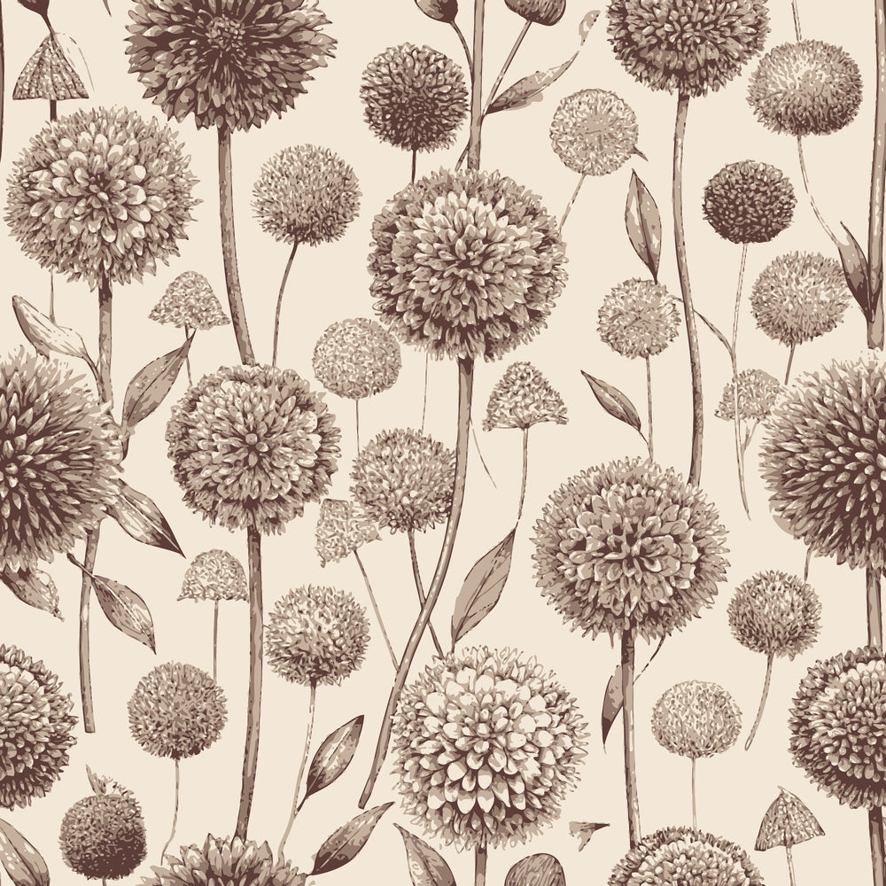sepia tones, brown hues, cream background, allium flowers, spherical blooms, botanical pattern, art nouveau style, vintage illustration,, fabric panel, floral design, stems and leaves, repeating pattern, monochromatic, sketched style, garden flowers, organic shapes, nature motif, decorative florals