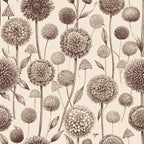sepia tones, brown hues, cream background, allium flowers, spherical blooms, botanical pattern, art nouveau style, vintage illustration,, fabric panel, floral design, stems and leaves, repeating pattern, monochromatic, sketched style, garden flowers, organic shapes, nature motif, decorative florals