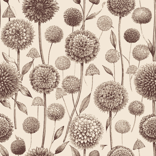 sepia tones, brown hues, cream background, allium flowers, spherical blooms, botanical pattern, art nouveau style, vintage illustration,, fabric panel, floral design, stems and leaves, repeating pattern, monochromatic, sketched style, garden flowers, organic shapes, nature motif, decorative florals