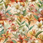 art nouveau, alstroemeria flowers, botanical pattern, peachy background, coral petals, white blooms, green leaves, orange accents, yellow centers, floral design,, seamless repeat, watercolor style, delicate stems, nature motif, spring flowers, soft palette, elegant florals, vintage inspired, fabric panel