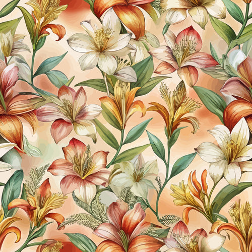 art nouveau, alstroemeria flowers, botanical pattern, peachy background, coral petals, white blooms, green leaves, orange accents, yellow centers, floral design,, seamless repeat, watercolor style, delicate stems, nature motif, spring flowers, soft palette, elegant florals, vintage inspired, fabric panel