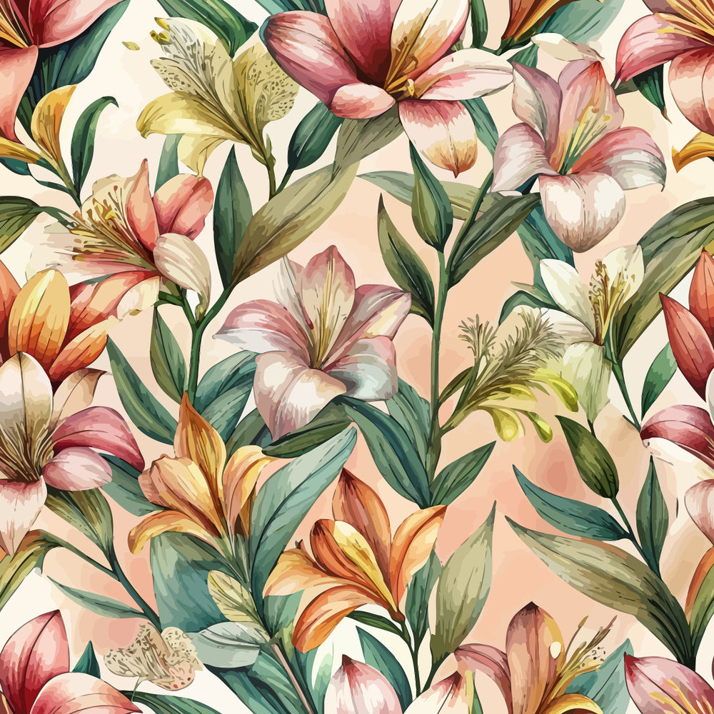 floral pattern, alstroemeria flowers, pink petals, coral blooms, green leaves, botanical design, art nouveau style,, fabric panel, watercolor effect, nature motifs, elegant florals, soft pastels, repeating pattern, delicate flowers, garden theme, feminine design, vintage inspired, romantic mood, spring flowers