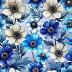 blue anemones, cream flowers, navy petals, light blue background, botanical pattern, floral design, art nouveau style,, fabric panel, nature motif, spring flowers, delicate blooms, vintage inspired, soft pastels, garden theme, repeating pattern, textile art, crafting material, sewing fabric