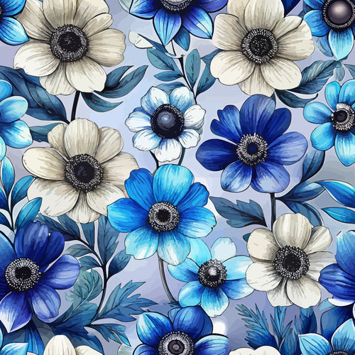 blue anemones, cream flowers, navy petals, light blue background, botanical pattern, floral design, art nouveau style,, fabric panel, nature motif, spring flowers, delicate blooms, vintage inspired, soft pastels, garden theme, repeating pattern, textile art, crafting material, sewing fabric