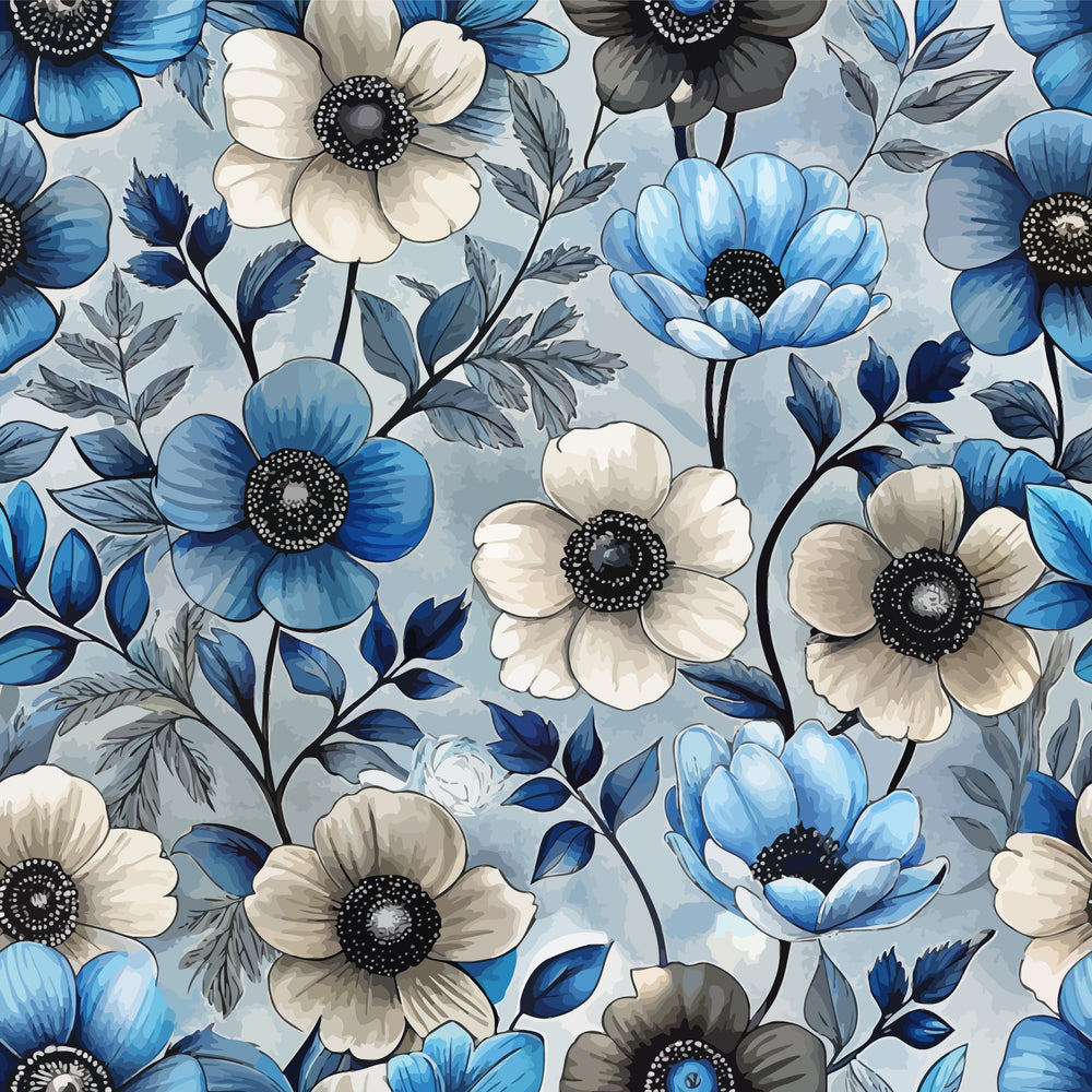 art nouveau, anemone flowers, botanical pattern, blue flowers, cream flowers, gray flowers, black centers, flowing stems, organic design,, fabric panel, floral motif, nature inspired, soft pastels, decorative blooms, stylized petals, graceful curves, vintage style, romantic florals