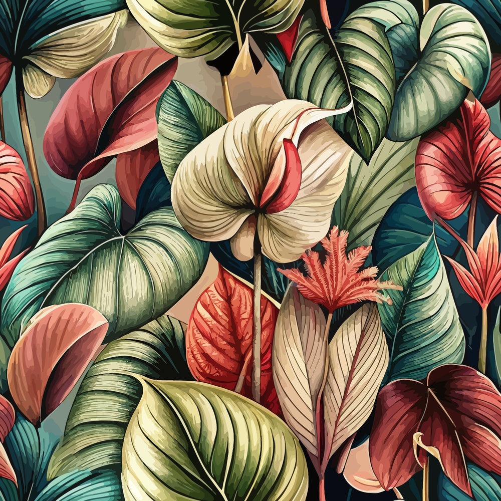 fabric panel, art nouveau, anthurium flowers, tropical leaves, coral pink, sage green, cream white, burgundy red, teal blue, botanical pattern, floral design, tropical motif, elegant style, sophisticated palette, nature inspired, exotic flowers, layered foliage, organic shapes, vintage aesthetic