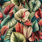 fabric panel, art nouveau, anthurium flowers, tropical leaves, coral pink, sage green, cream white, burgundy red, teal blue, botanical pattern, floral design, tropical motif, elegant style, sophisticated palette, nature inspired, exotic flowers, layered foliage, organic shapes, vintage aesthetic