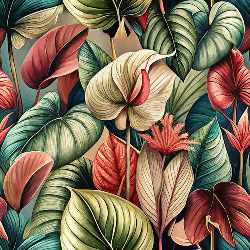 fabric panel, art nouveau, anthurium flowers, tropical leaves, coral pink, sage green, cream white, burgundy red, teal blue, botanical pattern, floral design, tropical motif, elegant style, sophisticated palette, nature inspired, exotic flowers, layered foliage, organic shapes, vintage aesthetic