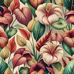 art nouveau, anthurium flowers, tropical botanicals, coral pink, sage green, cream background, burgundy accents, golden yellow, floral pattern,, fabric panel, heart-shaped leaves, exotic blooms, vintage style, botanical illustration, seamless repeat, tropical foliage, warm tones, decorative motifs, nature inspired