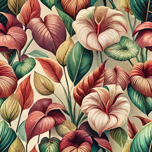 art nouveau, anthurium flowers, tropical botanicals, coral pink, sage green, cream background, burgundy accents, golden yellow, floral pattern,, fabric panel, heart-shaped leaves, exotic blooms, vintage style, botanical illustration, seamless repeat, tropical foliage, warm tones, decorative motifs, nature inspired