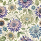 art nouveau, asters, floral pattern, purple flowers, blue blooms, sage green, cream background, botanical design,, fabric panel, layered petals, vintage style, daisy-like flowers, soft pastels, nature motif, repeating pattern, delicate stems, muted tones, watercolor effect, garden flowers