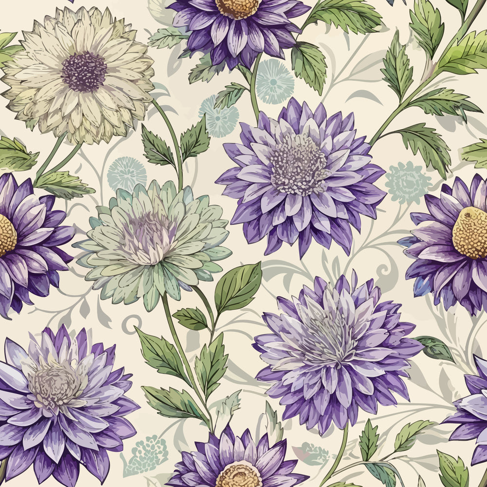 purple flowers, asters, floral pattern, art nouveau, cream background, sage green, lavender, botanical design,, fabric panel, vintage style, garden flowers, seamless repeat, nature motif, decorative florals, muted tones, ornate petals, flowing stems, textured blooms, cottage garden