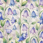 art nouveau, bellflowers, purple flowers, blue blooms, green leaves, botanical pattern, watercolor style, floral design, drooping bells,, fabric panel, spring flowers, delicate petals, garden motif, soft pastels, repeating pattern, nature inspired, whimsical florals, cottage garden
