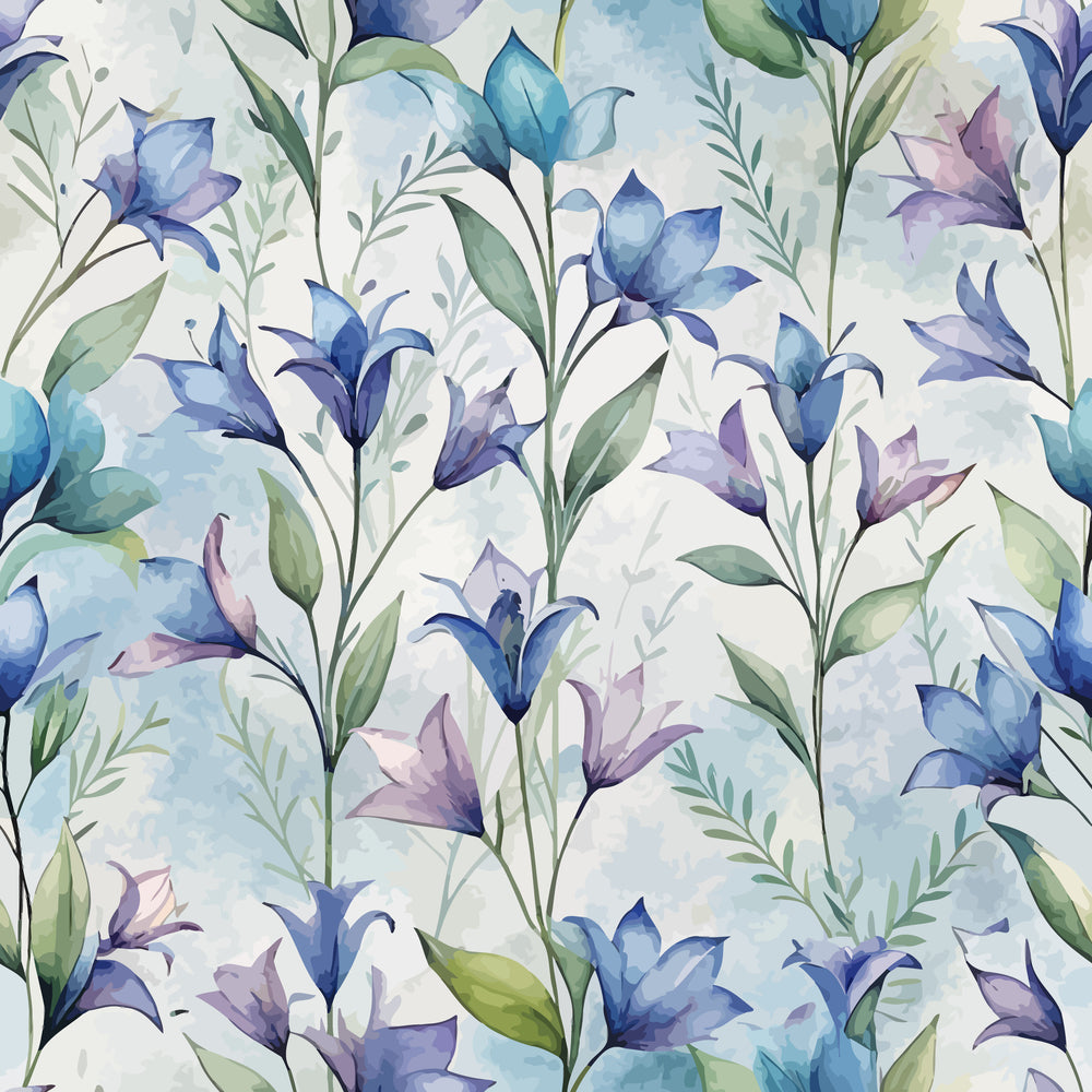 watercolor, bellflowers, blue flowers, purple blooms, green leaves, botanical pattern, floral design, art nouveau style, soft pastels, delicate stems, nature motif,, fabric panel, ethereal mood, flowing stems, garden flowers, lilac tones, aqua blue, sage green, repeating pattern