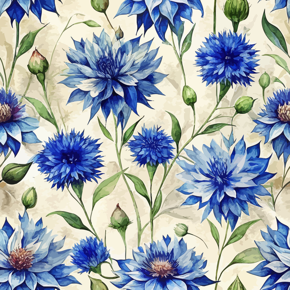 blue cornflowers, navy blue, light blue, cream background, green leaves, floral pattern, botanical design, art nouveau, watercolor style,, fabric panel, wildflowers, summer blooms, delicate petals, nature motif, cottage garden, repeating pattern, soft pastels, meadow flowers