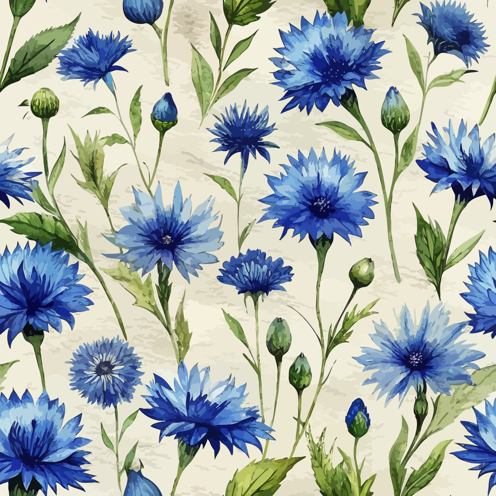 blue cornflowers, botanical pattern, floral design, watercolor style, art nouveau,, fabric panel, navy blue, light blue, green leaves, wildflowers, nature motif, delicate blooms, garden flowers, soft pastels, cream background, repeating pattern, cottage core, meadow flowers, spring florals