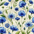 blue cornflowers, botanical pattern, floral design, watercolor style, art nouveau,, fabric panel, navy blue, light blue, green leaves, wildflowers, nature motif, delicate blooms, garden flowers, soft pastels, cream background, repeating pattern, cottage core, meadow flowers, spring florals