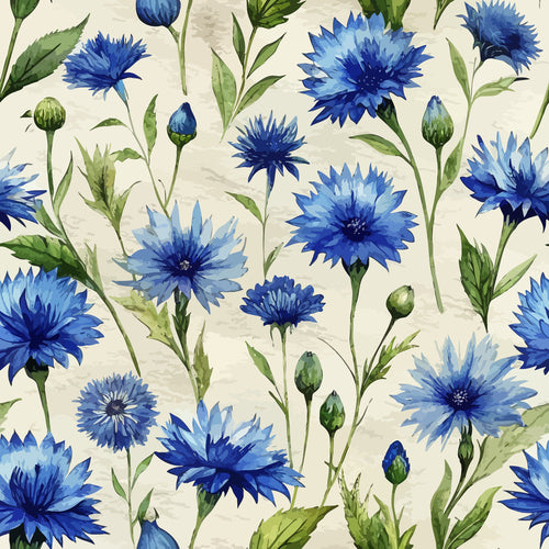 blue cornflowers, botanical pattern, floral design, watercolor style, art nouveau,, fabric panel, navy blue, light blue, green leaves, wildflowers, nature motif, delicate blooms, garden flowers, soft pastels, cream background, repeating pattern, cottage core, meadow flowers, spring florals