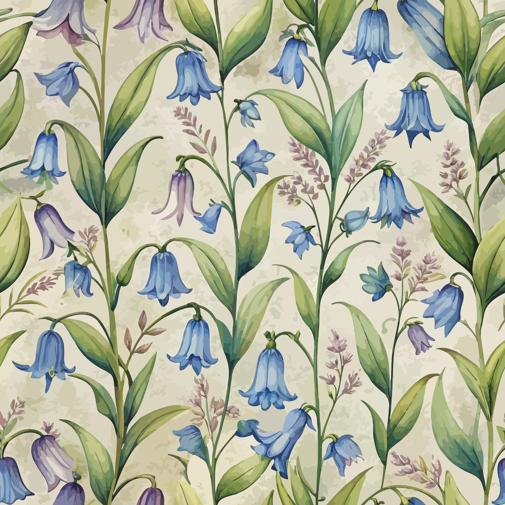 art nouveau, bluebells, floral pattern, botanical design, blue flowers, purple blooms, green leaves, cream background, bell-shaped flowers, spring flowers,, fabric panel, watercolor style, vintage florals, meadow flowers, delicate stems, nature motif, soft pastels, repeating pattern, cottage garden