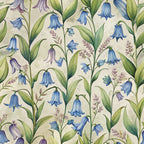 art nouveau, bluebells, floral pattern, botanical design, blue flowers, purple blooms, green leaves, cream background, bell-shaped flowers, spring flowers,, fabric panel, watercolor style, vintage florals, meadow flowers, delicate stems, nature motif, soft pastels, repeating pattern, cottage garden