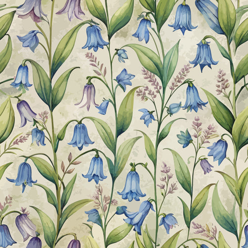 art nouveau, bluebells, floral pattern, botanical design, blue flowers, purple blooms, green leaves, cream background, bell-shaped flowers, spring flowers,, fabric panel, watercolor style, vintage florals, meadow flowers, delicate stems, nature motif, soft pastels, repeating pattern, cottage garden