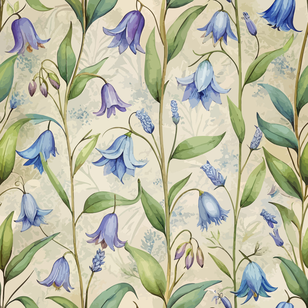 art nouveau, bluebells, floral pattern, purple flowers, blue blooms, green leaves, cream background, botanical design, watercolor style, delicate flowers, drooping petals, nature motif, spring flowers,, fabric panel, wildflowers, english garden, cottage core, soft pastels, repeating pattern