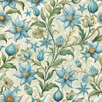 art nouveau, borage flowers, blue flowers, sage green, cream background, botanical pattern, floral motif, flowing vines,, fabric panel, nature inspired, organic curves, decorative flourishes, vintage style, soft pastels, garden flowers, seamless repeat, elegant design, natural elements