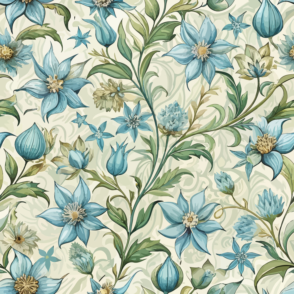 art nouveau, borage flowers, blue flowers, sage green, cream background, botanical pattern, floral motif, flowing vines,, fabric panel, nature inspired, organic curves, decorative flourishes, vintage style, soft pastels, garden flowers, seamless repeat, elegant design, natural elements