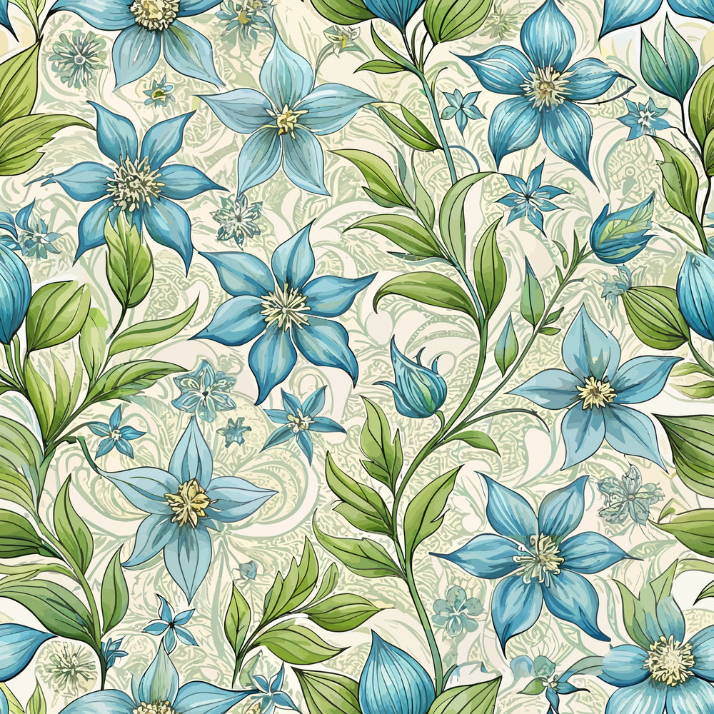 art nouveau, borage flowers, blue flowers, green leaves, floral pattern, botanical design,, fabric panel, turquoise, sage green, cream background, flowing vines, ornate swirls, decorative flourishes, nature motif, elegant style, seamless repeat, five-petaled blooms, organic curves, vintage inspired