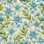 art nouveau, borage flowers, blue flowers, green leaves, floral pattern, botanical design,, fabric panel, turquoise, sage green, cream background, flowing vines, ornate swirls, decorative flourishes, nature motif, elegant style, seamless repeat, five-petaled blooms, organic curves, vintage inspired